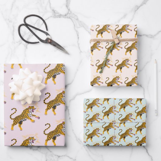 Retro Boho Roaring Tiger Orange Pink ラッピングペーパーシート (正面)