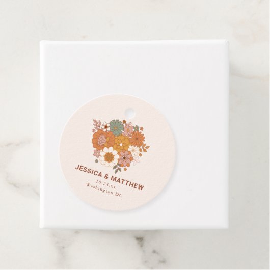 Retro Boho Terracotta Floral Custom Names Wedding  フェイバータグ (インサイチュ)