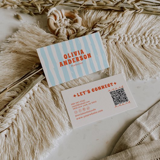 Retro Bold Blue  Groovy Funky Trendy Fun QR Code 名刺