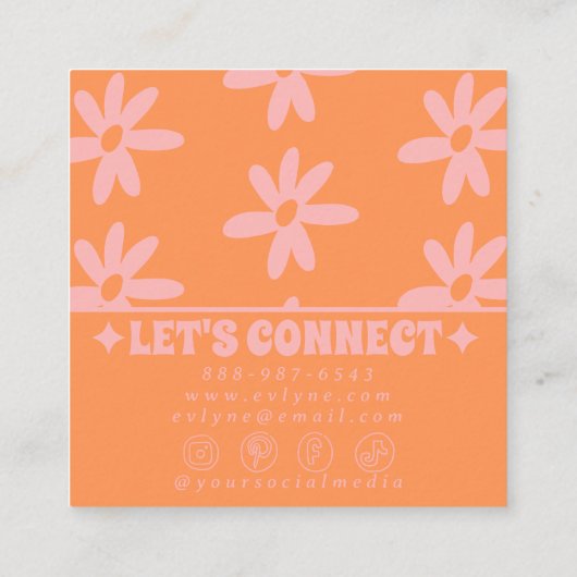 Retro Bold Pink Orange Groovy Floral Girly Funky スクエア名刺 (裏面)