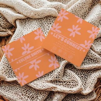 Retro Bold Pink Orange Groovy Floral Girly Funky スクエア名刺