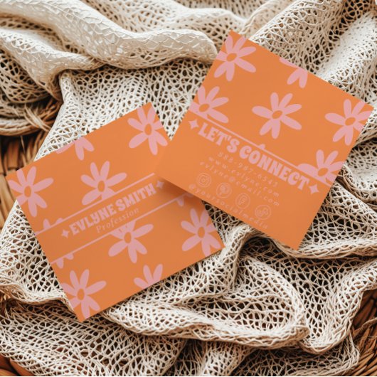 Retro Bold Pink Orange Groovy Floral Girly Funky スクエア名刺