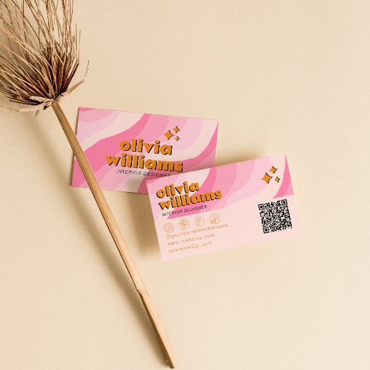 Retro Bold Pink Orange QR Code Groovy Girly Unique 名刺