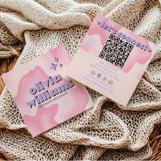 Retro Bold Pink Purple QR Code Groovy Girly Trendy スクエア名刺
