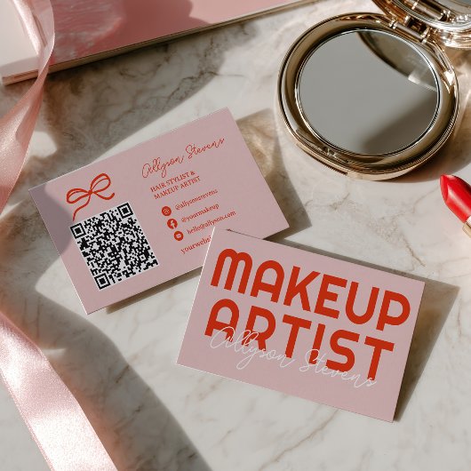 Retro Bold Pink Red Makeup Artist QR Code 名刺