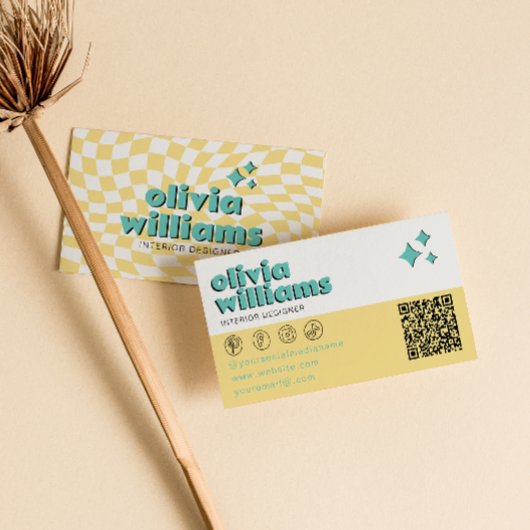 Retro Bold QR  Code Boho Groovy Checkered Unique 名刺