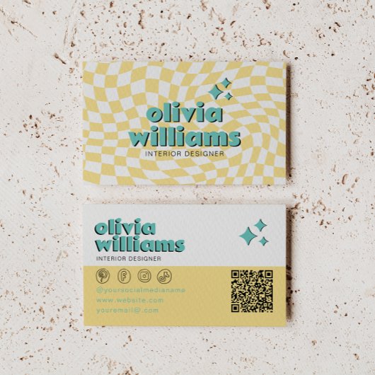 Retro Bold QR  Code Boho Groovy Checkered Unique 名刺