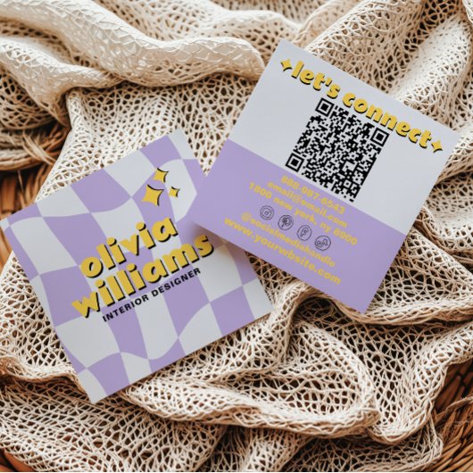 Retro Bold QR Code Groovy Checkered Boho Funky スクエア名刺