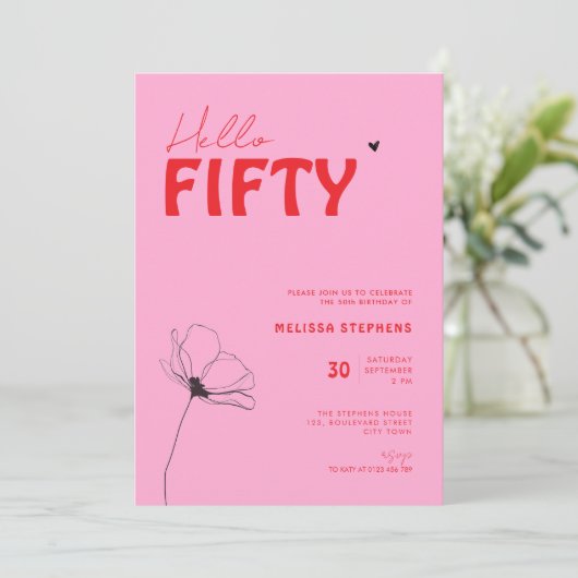 Retro Bold Typo Pink Red Simple 50th Birthday 招待状 (スタンド正面)