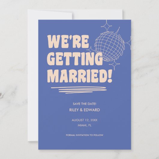 Retro Bold "We're Getting Married" Blue Wedding セーブザデート (正面)
