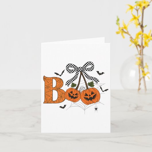 Retro Boo Ghost Pumpkin Cherries Bow Halloween Wom カード (黄色い花)