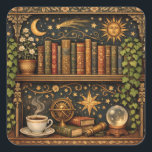 Retro book shelf book lover celestial stars  スクエアシール<br><div class="desc">A cozy retro-inspired design featuring a charming celestial bookshelf filled with vintage books,  delicate botanical accents,  cosmic design elements and a comforting cup of tea or coffee.</div>