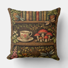 Retro book shelf mushrooms coffee floral  クッション