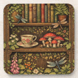 Retro book shelf mushrooms coffee floral  コースター<br><div class="desc">A cozy retro-inspired design featuring a charming bookshelf filled with vintage books,  delicate botanical accents,  dragonflies,  butterflies,  mushrooms and a comforting cup of tea or coffee.</div>