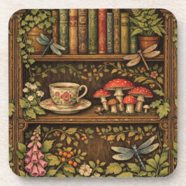 Retro book shelf mushrooms coffee floral  コースター