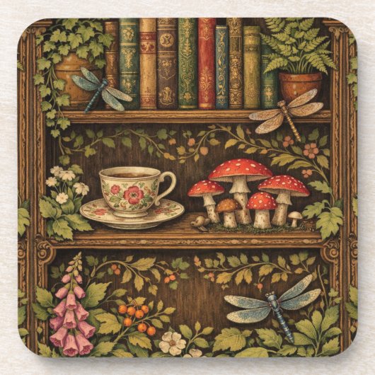 Retro book shelf mushrooms coffee floral  コースター (正面)