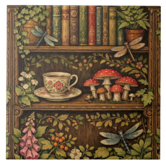 Retro book shelf mushrooms coffee floral  タイル