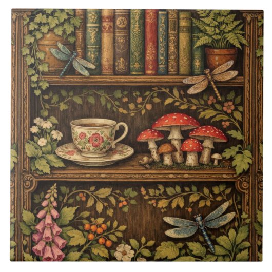 Retro book shelf mushrooms coffee floral  タイル (正面)