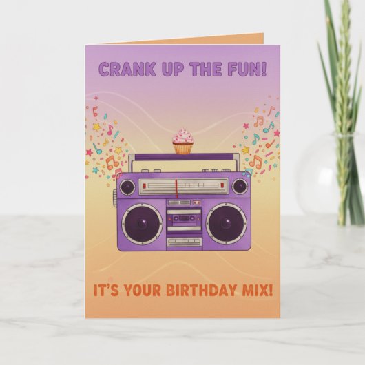Retro Boombox "Crank Up The Fun" Birthday Card カード (正面)