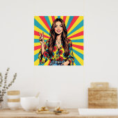 Retro Boomer Hippie Lady giving Peace Sign ポスター (キッチン)