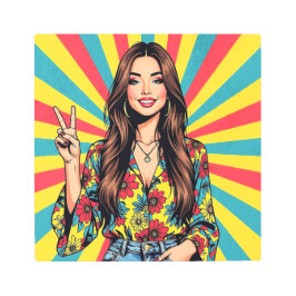 Retro Boomer Hippie Lady giving Peace Sign メタルプリント