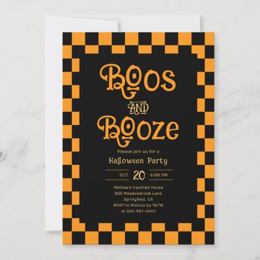 Retro Boos And Booze Halloween Checkered Orange 招待状 (正面)