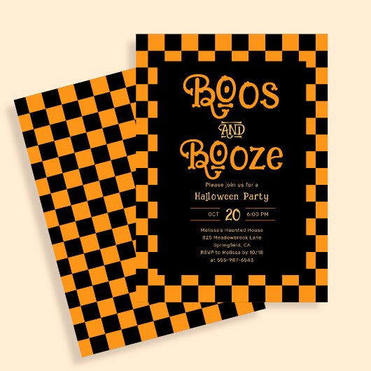 Retro Boos And Booze Halloween Checkered Orange 招待状
