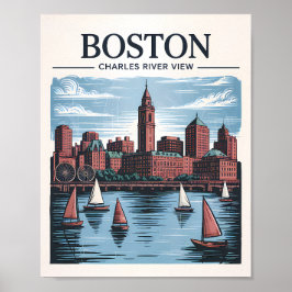 Retro Boston Sailboat Massachusetts Skyline Travel ポスター