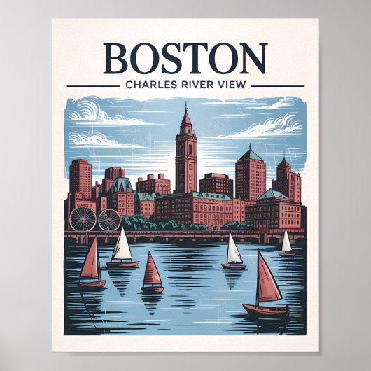Retro Boston Sailboat Massachusetts Skyline Travel ポスター (正面)