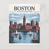 Retro Boston Sailboat Massachusetts Skyline Travel ポストカード (正面)