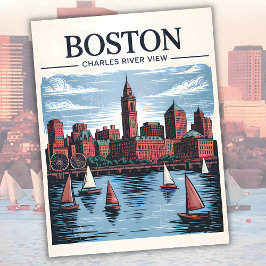 Retro Boston Sailboat Massachusetts Skyline Travel ポストカード