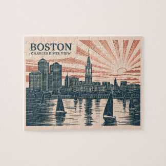 Retro Boston Sailboats Skyline Art Classic Bold ジグソーパズル