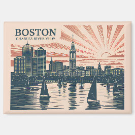Retro Boston Sailboats Skyline Art Classic Bold マグネット