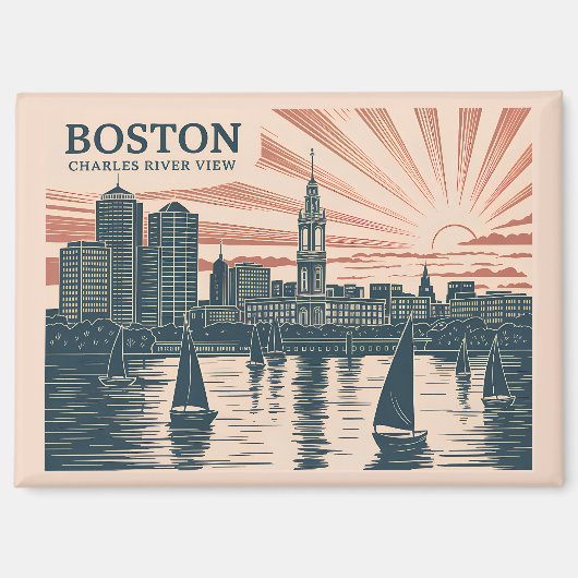 Retro Boston Sailboats Skyline Art Classic Bold マグネット (正面)