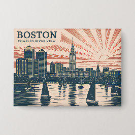 Retro Boston Sailboats Skyline Art Classic Boldd 缶バッジ