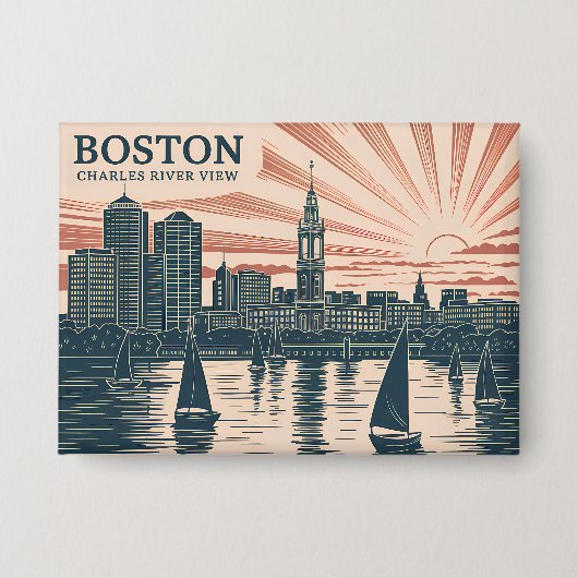 Retro Boston Sailboats Skyline Art Classic Boldd 缶バッジ (正面)