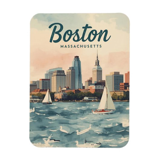 Retro Boston Skyline & Sailboats | マサチューセッツ州 マグネット (縦)