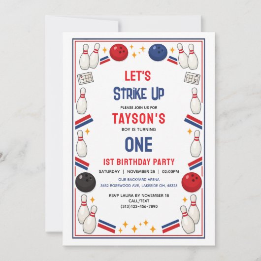 Retro Bowling 1st Birthday Party – Fun Kids  招待状 (正面)