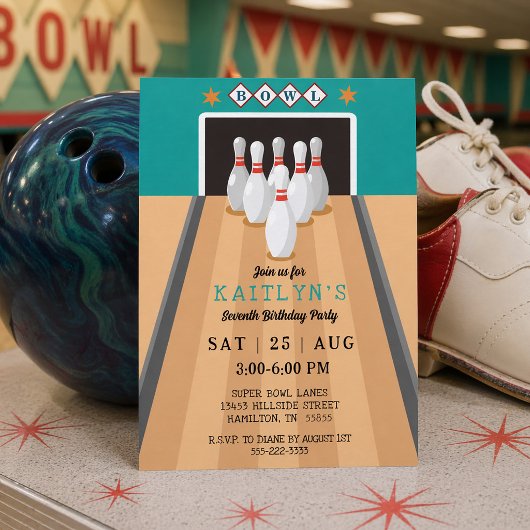 Retro Bowling Birthday Party 招待状