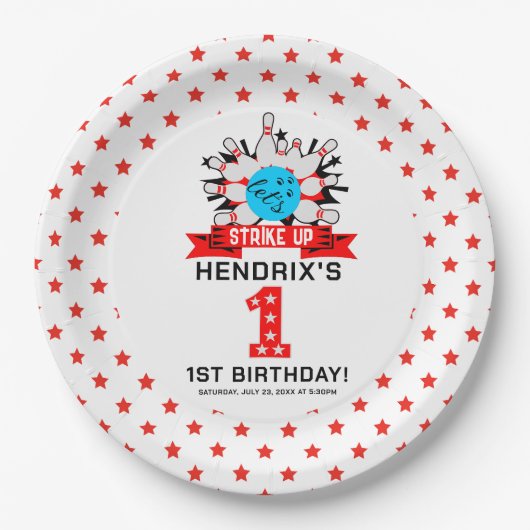 Retro Bowling Kids 1st Birthday Party ペーパープレート (正面)