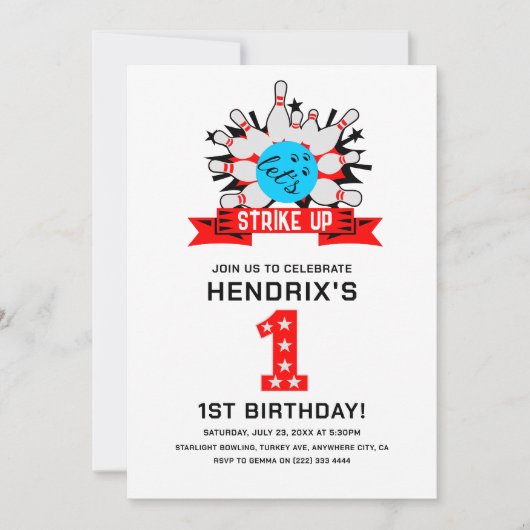 Retro Bowling Kids 1st Birthday Party 招待状 (正面)