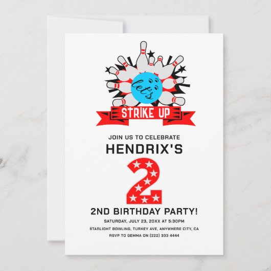 Retro Bowling Kids 2ND Birthday Party 招待状 (正面)