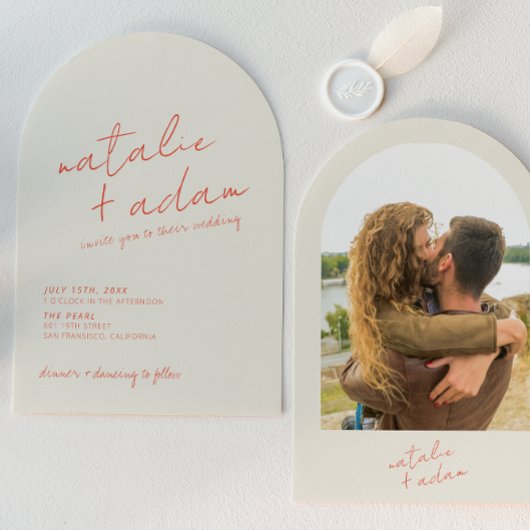 Retro Bright Orange Whimsical Photo Arched Wedding 招待状