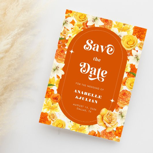 Retro Bright Yellow Orange Garden Floral Wedding セーブザデート
