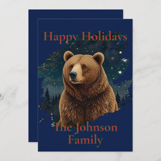 Retro brown bear midnight starry landscape 招待状 (正面/裏面)
