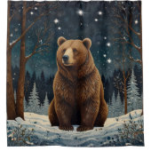 Retro brown bear midnight winter landscape シャワーカーテン (正面)