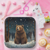 Retro brown bear midnight winter landscape ペーパープレート (パーティー)
