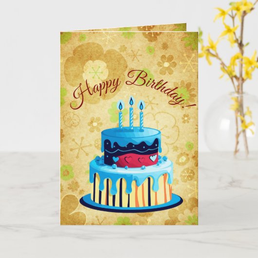 Retro Brown Green Mod Floral Birthday Card カード (黄色い花)