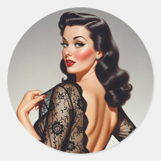 Retro Brunette Pin-up Girl 50's Glamour Style ラウンドシール