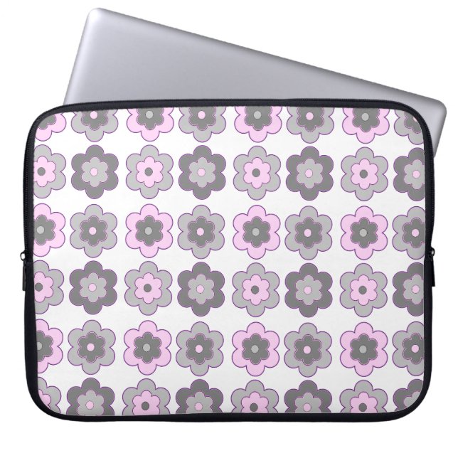 Retro Bubble Flowers (Pink and Grey) Pattern ラップトップスリーブ (正面)